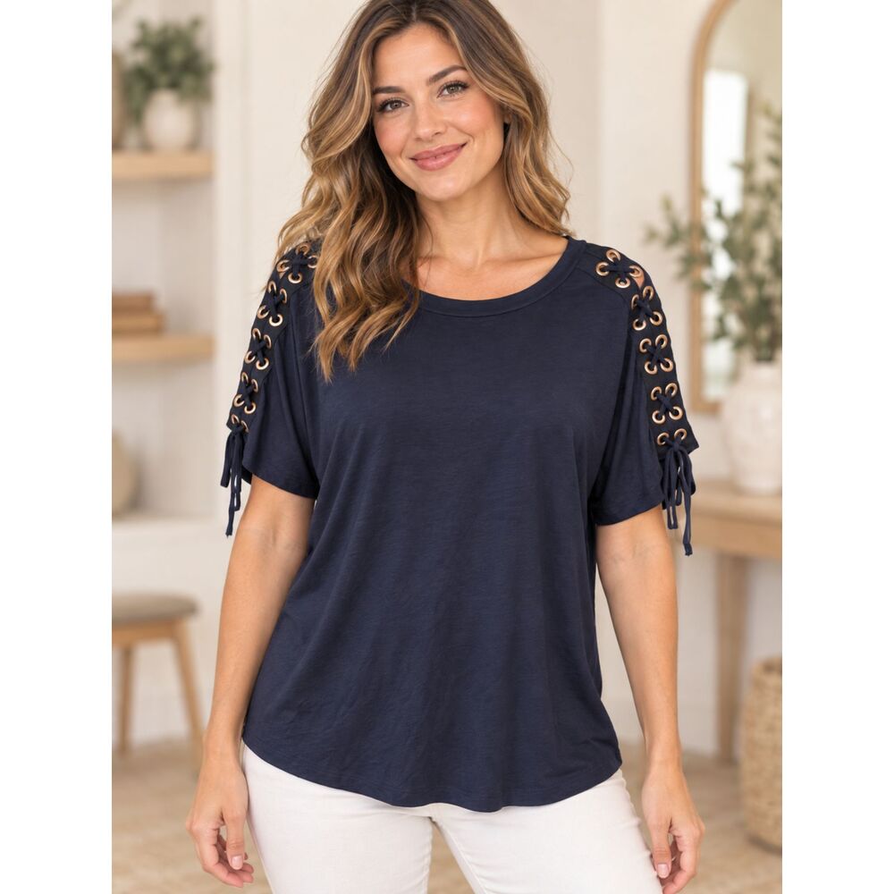 Carmen Marc Valvo Blue Short Sleeve Embellished T-Shirt